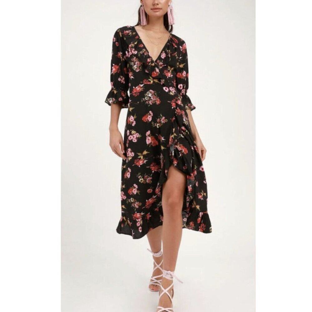 Lulu's Midnight Magic Black Floral Print Ruffled Midi Dress